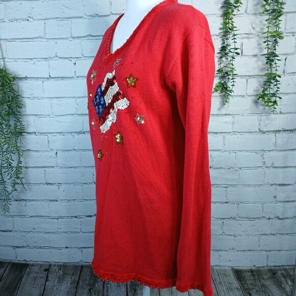 WOMENS VINTAGE QUACKER FACTORY PATRIOTIC SEQUIN FLAG SWEATER, SMALL - Picture 9 of 12